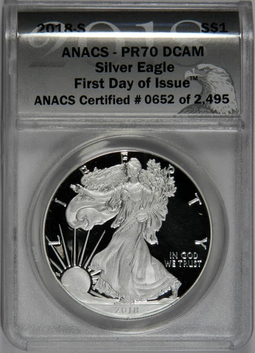 2018-S PROOF Silver American Eagle ~ ANACS PR70 ~ First Day of Issue