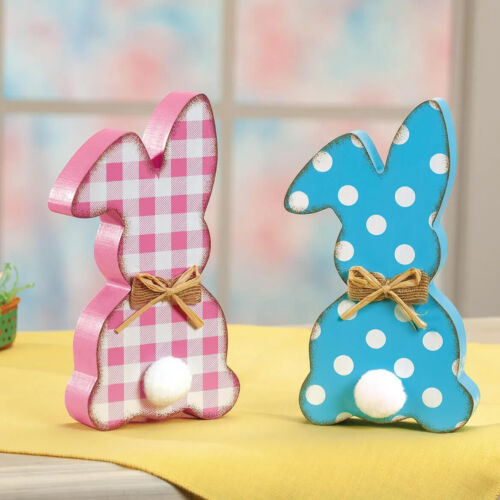 Set of 2 Blue & Pink Easter Bunny Wooden Tabletop Centerpiece Decorations - Picture 1 of 2