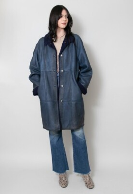 80er Vintage Blau Lammfell Leder Langarm Damen Midi Retro Popper Mantel