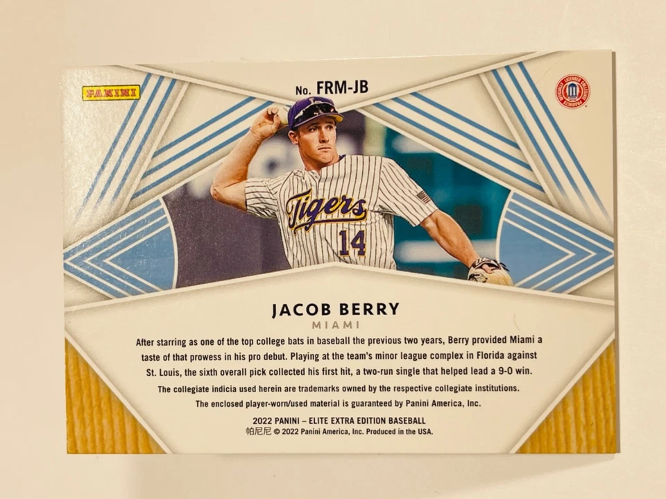 JACOB BERRY 2022 Panini Elite Extra Edition RC Rookie JERSEY Patch FRM-JB - Image 2 of 2