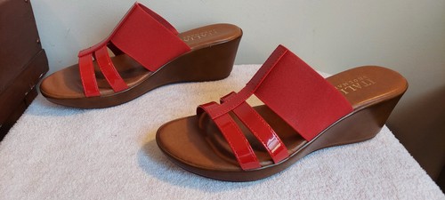 ZAPATEROS ITALIANOS ROJOS PUNTA ABIERTA ELÁSTICOS Y CHAROL TACONES CUÑA ZAPATOS 8,5M - Imagen 5 de 10