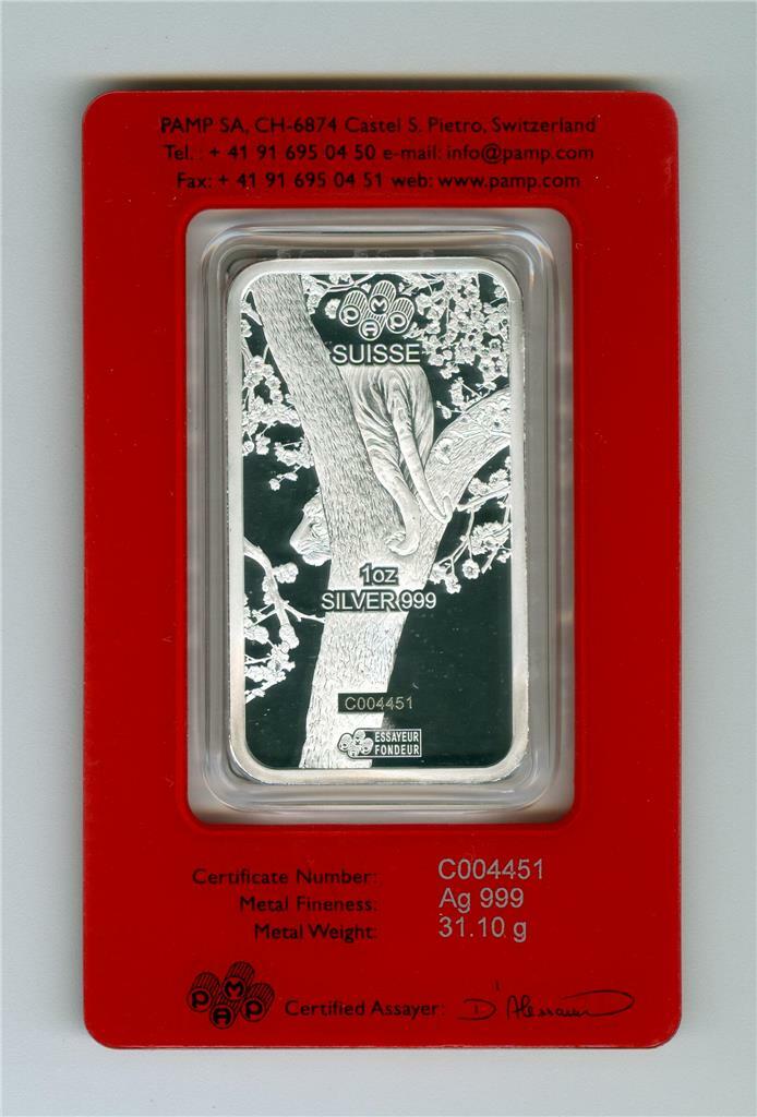 PAMP SUISSE 2022 YEAR OF THE TIGER 1 OZ .999 FINE SILVER BAR GEM
