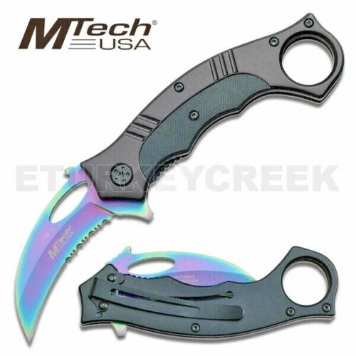 MTECH USA MT-558RB Tactical Folding Krambit Titanium Rainbow Anodized Slasher