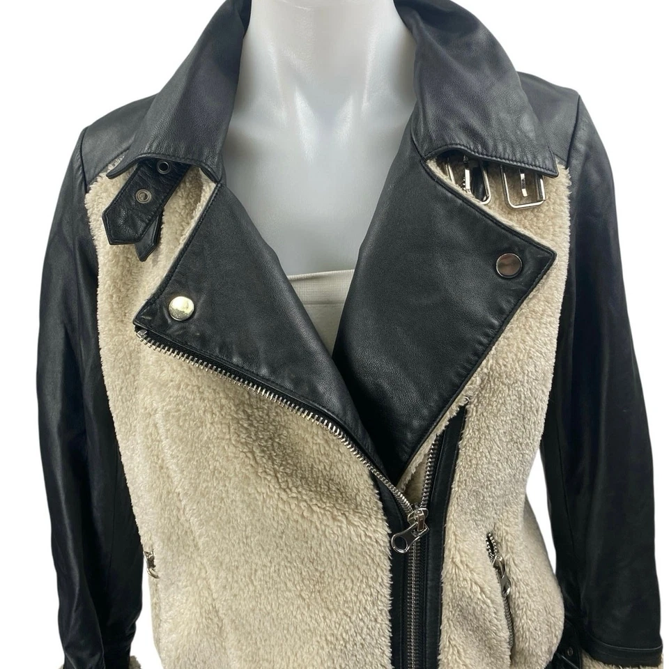 Slate & Willow 飞行员米色黑色 100% 皮革夏尔巴拉链摩托车外套夹克 S — 第 3/4 张图片