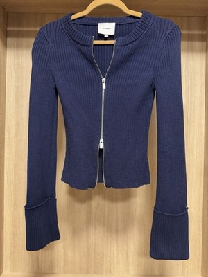 Reformation Women's Blue Ribbed Knit Full Zip Crew Neck Cardigan Sweater