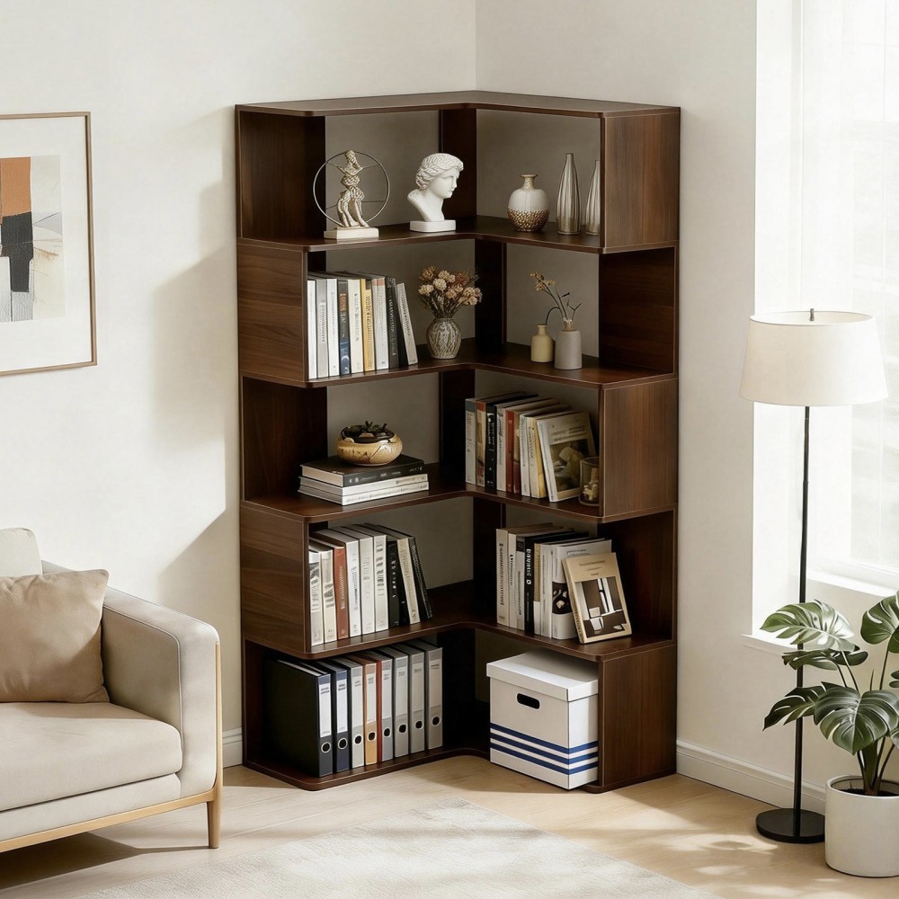 L-Shaped Corner Bookshelf W Bumpers Features Five Open Shelves Six-Tier Design