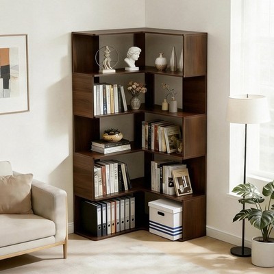 L-Shaped Corner Bookshelf W Bumpers Features Five Open Shelves Six-Tier Design