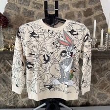 Looney Tunes Youth Sz 13/14 Cream AOP Crewneck Front Back Graphic NWTs Pullover