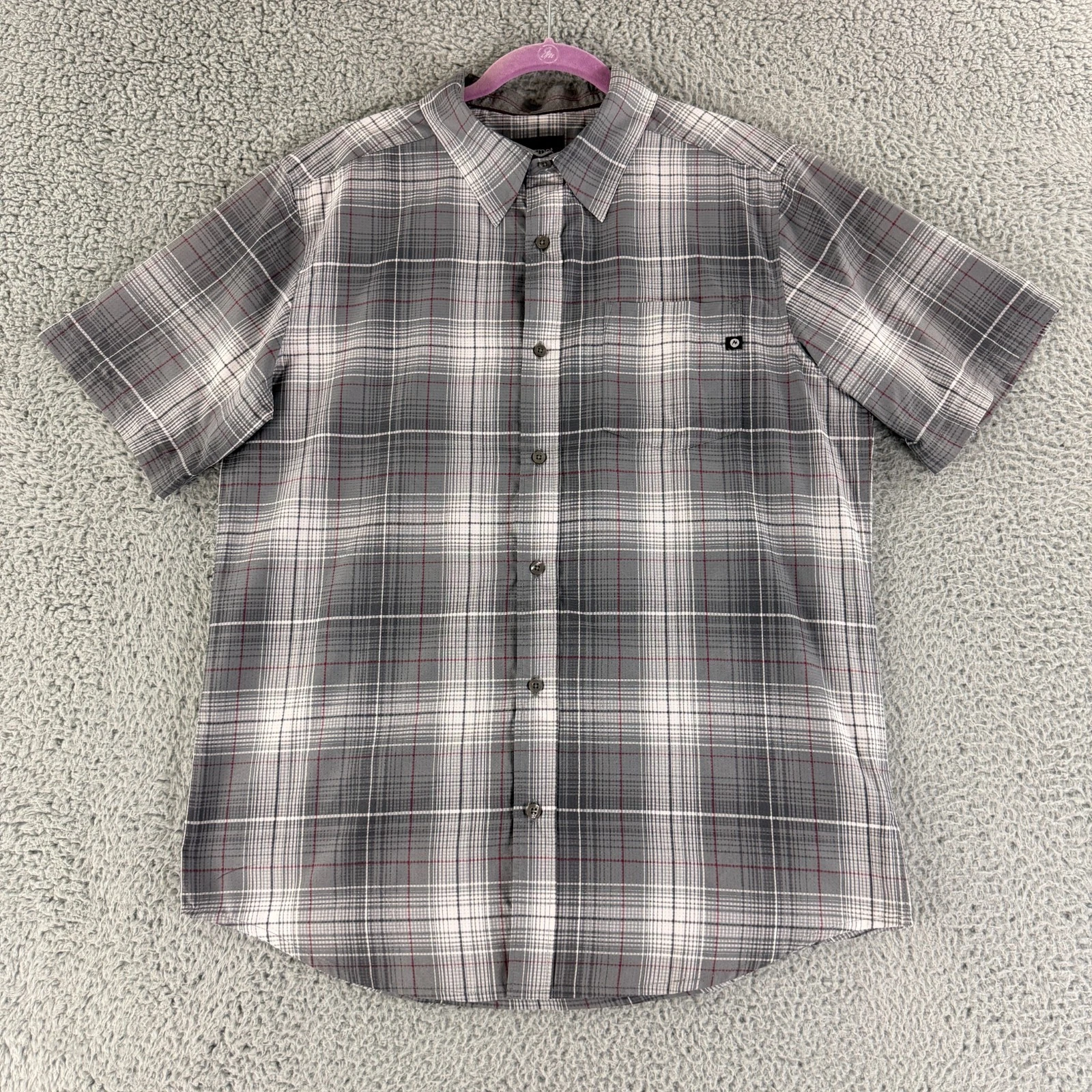 Marmot Button Up Shirt Mens Medium Gray Plaid Short Sleeve Hiking Outdoor UPF