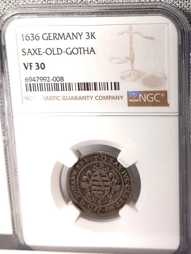 GERMANY SAXE/OLD/GOTHA 1636 3 KREUZER NGC VF 30 (RARE)
