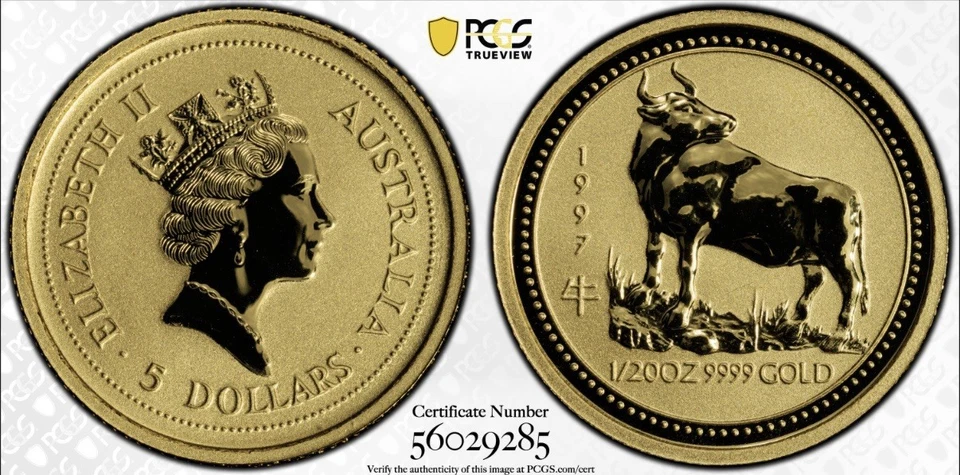 1997 $5 Australia 1/20 Oz Gold Lunar Coin • MS69 POP 6 • Year of the Ox (牛) - Image 3 of 3