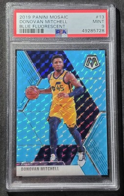 2019-20 Panini Mosaic - Donovan Mitchell #13 Fluorescent Blue Prizm /15 PSA 9