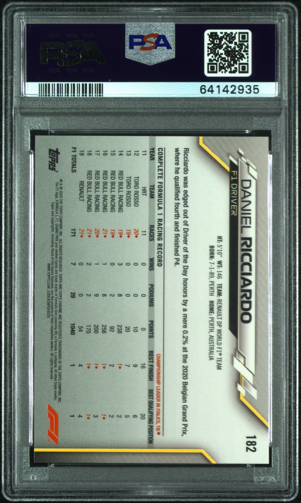 2020 Topps Chrome Formula 1 Daniel Ricciardo #182 70th Anniversary Gold PSA 8 view 2