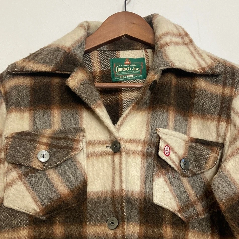Vintage Bell Shirt Mens Small Medium Brown Tan Cream Wool Lumber Jack Canada - Изображение 3 из 4