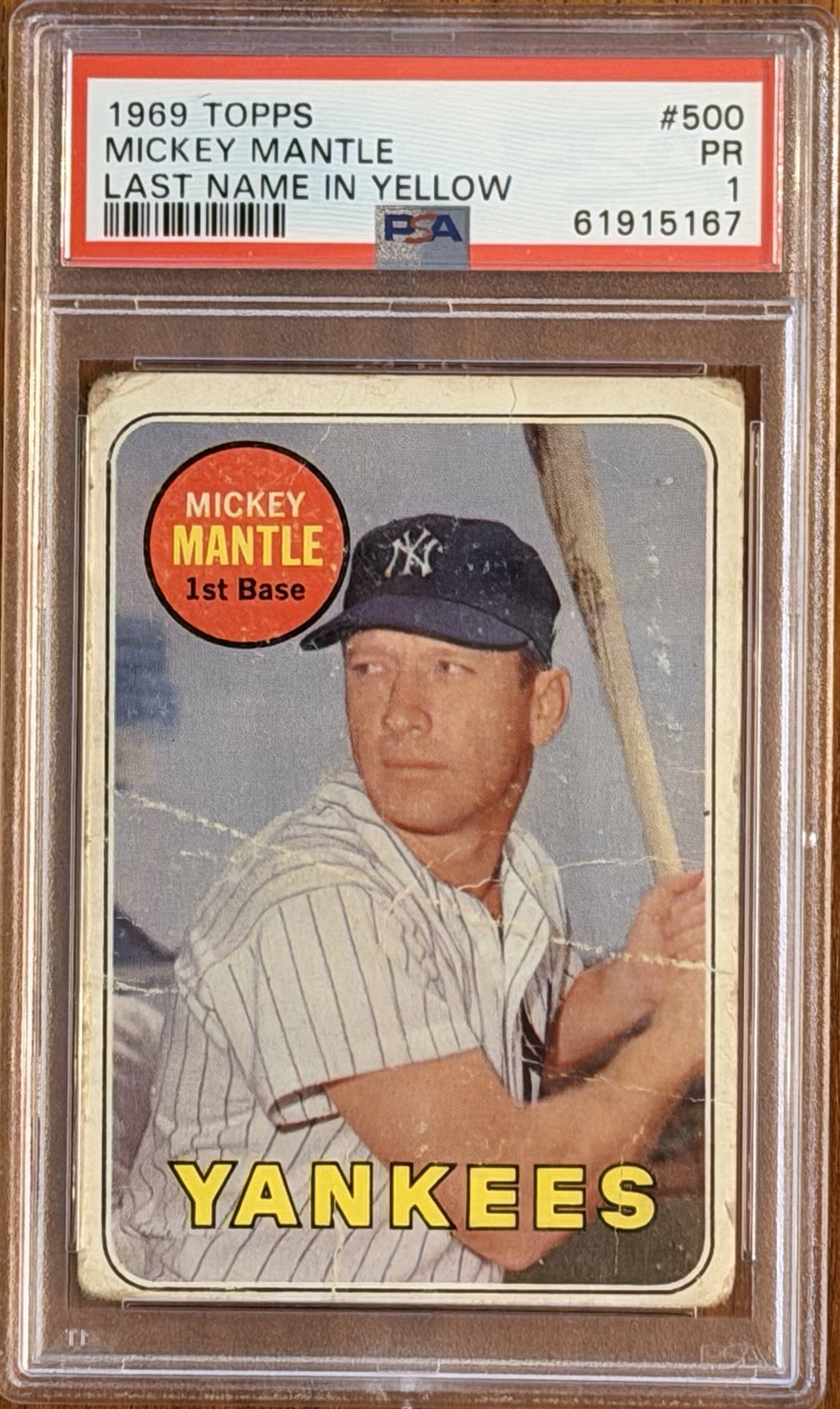 1969 Topps #500 Mickey Mantle Last Name In Yellow PSA 1 HOF Yankees
