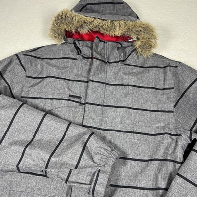 Empyre Jacket Mens Large Gray Striped Ski Snowboard Parka Faux Fur Hood 10K
