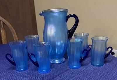 Fenton Celeste Blue Stretch Glass Pitcher and six glasses Cobalt Handles HTF