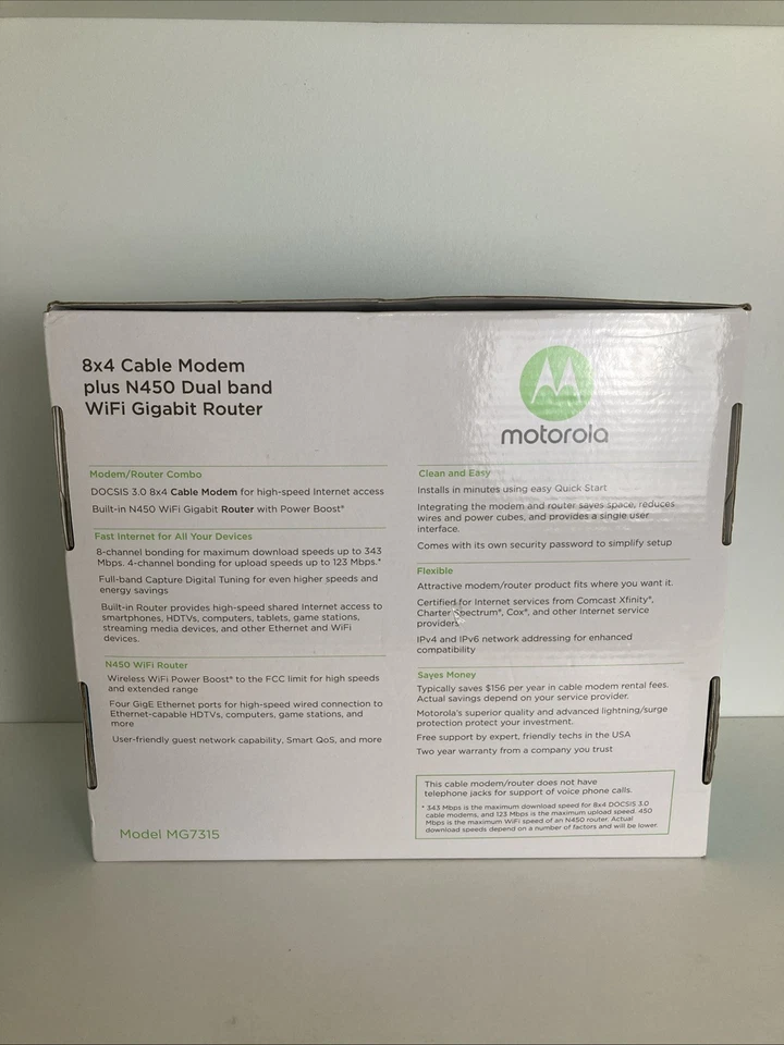 MOTOROLA MG7315 8X4 CABLE MODEM PLUS N450 WIFI ROUTER 343 MBPS BLACK TESTED VGC! - Image 3 of 4