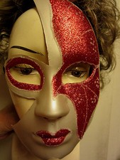 Halloween Phantom of the Opera Masquerade Mask Adult Size Red Glitter White NIP