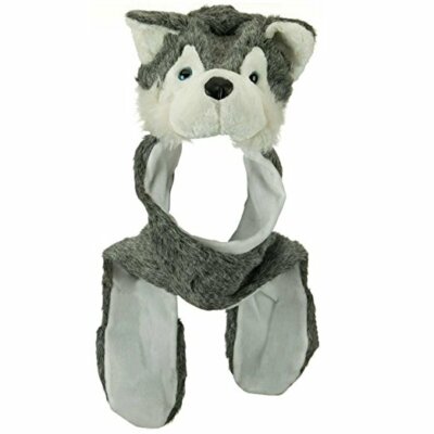 pc Plush Grey Husky Wolf Hat with Long Ear Flaps Attached Mittens  Winter