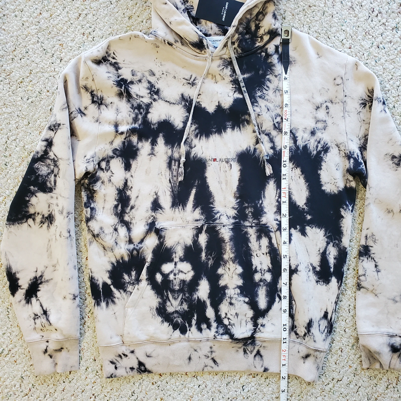 SAINT LAURENT (YSL) Felpa con cappuccio YSL Saint Laurent Brule tie dye beige e nero logo nero etichetta $950 taglia S