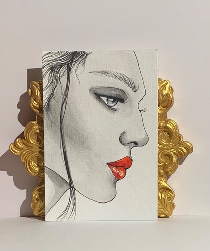 Original ACEO hand painted by Viviana Scala. Fiby in black & white portrait. - Picture 2 of 3