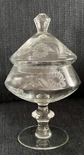 Pedestal Covered Candy Dish, 10". etched glass