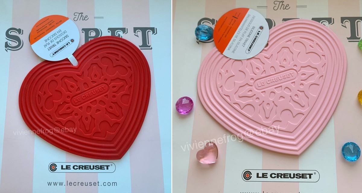 LE CREUSET CERISE RED /POWDER PINK HEART SILICONE TRIVET HOT PAD