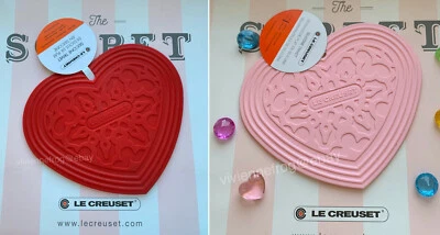 LE CREUSET CERISE RED /POWDER PINK HEART SILICONE TRIVET HOT PAD POT HOLDER RARE