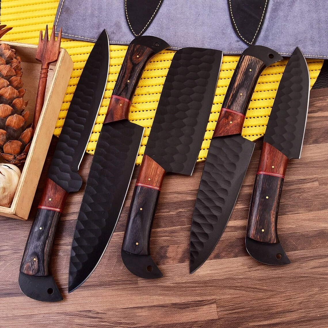 Handmade Damascus Chef set Of 5 PCs Kitchen Knive Set, With Leather Cove