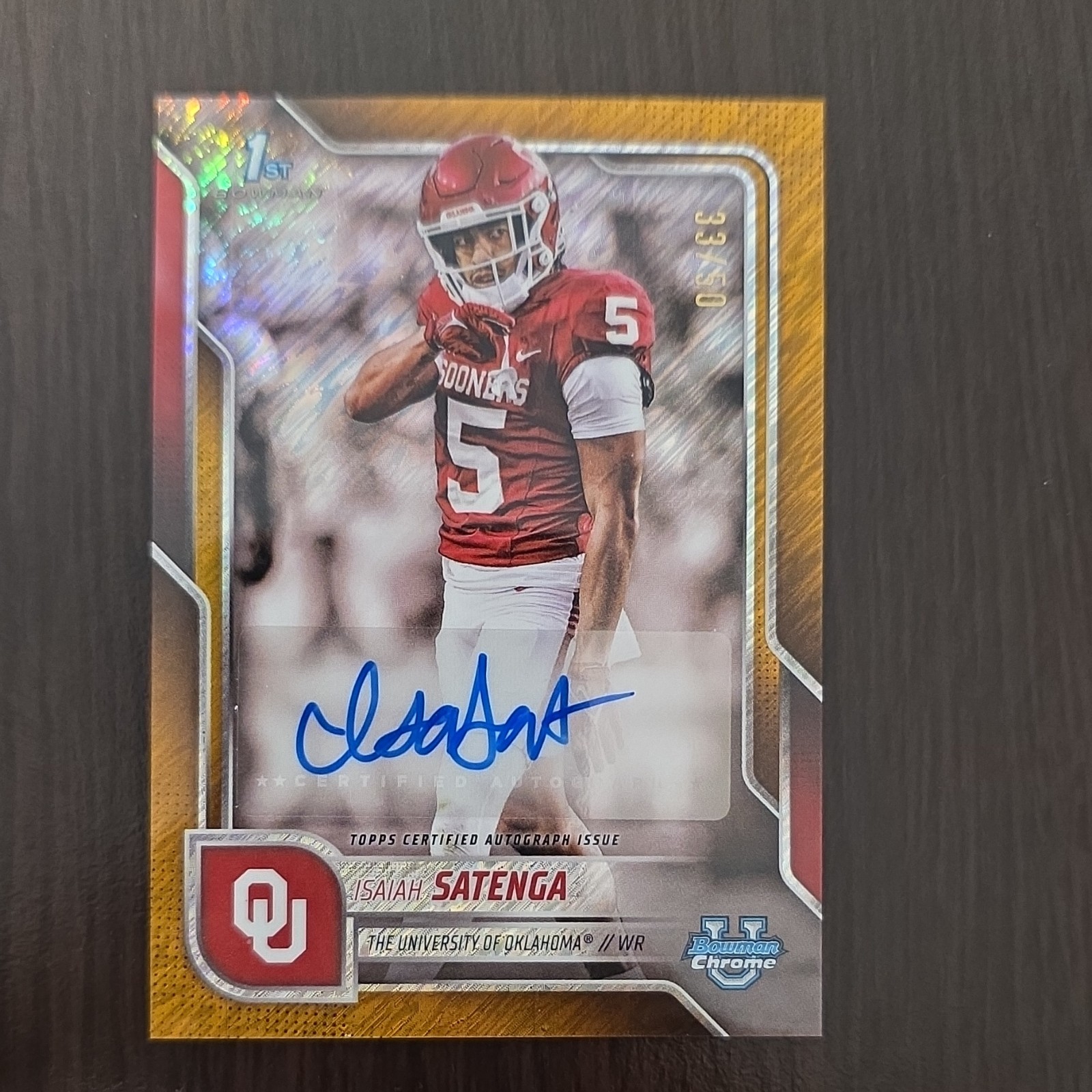 ISAIAH SATEGNA 2025 BOWMAN CHROME UNIVERSITY OKLAHOMA GOLD SHIMMER AUTO /50