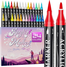 24 Colors Dual Tip Acrylic Paint Markers,Fine Tip and Brush Tip Permanent Acryli