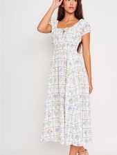 dRA Quince White Floral Smocked Midi Dress with Pastel Blooms XS NWT
