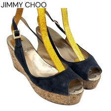 Jimmy Choo Open Toe Wedge Sandals Leather Navy Women's Size EU36/US6
