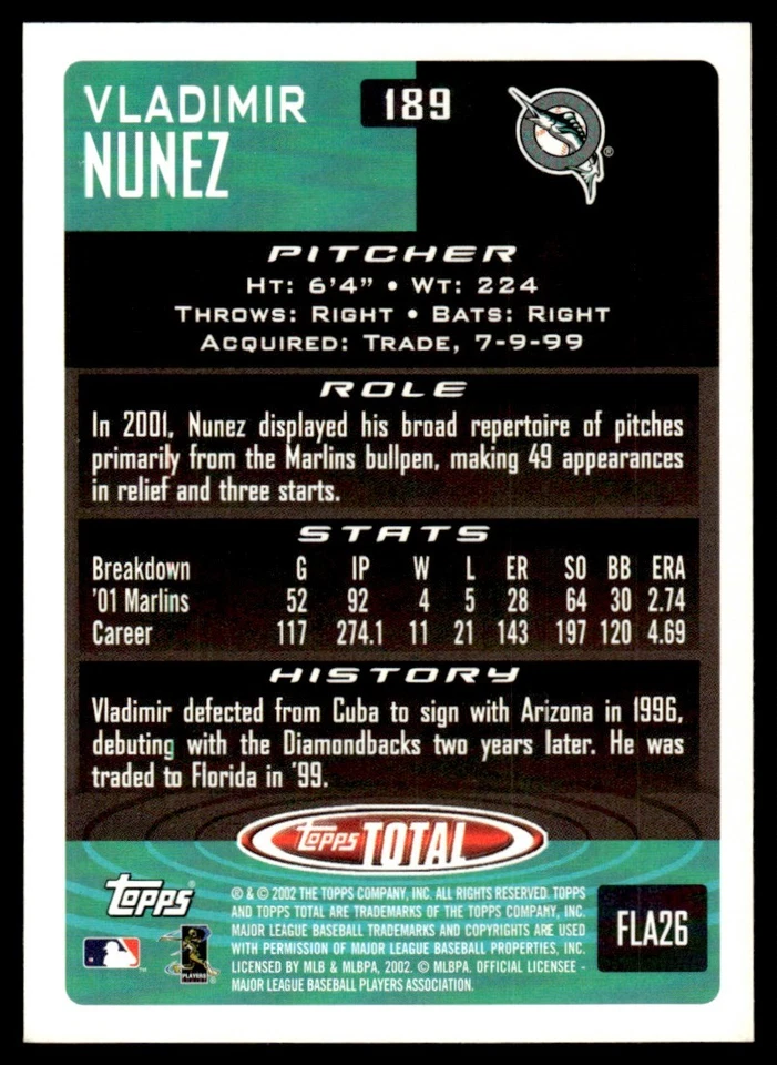 2002 Topps Total Vladimir Nunez Florida Marlins #189 - Image 2 of 2