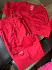 Cherokee Women s Red Solid Scrub Set V-Neck T...