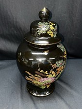 Asian Vintage Black & Gold Floral Porcelain Ginger Jar with Lid Large 11.25 In