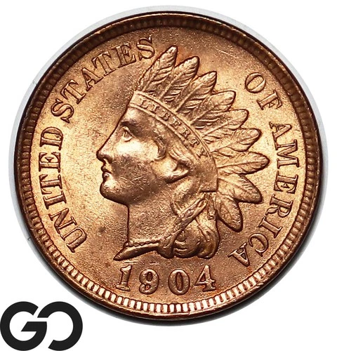 1904 Indian Head Cent Penny, Red, Reverse Die Break, Gem BU++