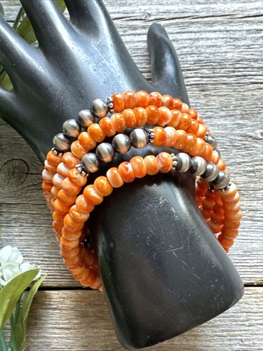 Sterling Silver Orange Spiny Oyster Pearls Bead Wrap Spiral Bracelet Free Size - Picture 3 of 12