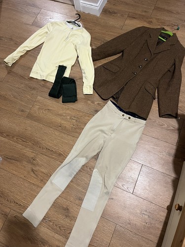 Caldene Tweed Reitjacke UK 36 & gelbes Lagerhemd, grüner Schaft & Reithose