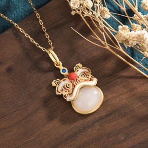 Authentic White Natural Jade Lion Pendant Necklace 18K Gold Plated Stone Real Jewelry