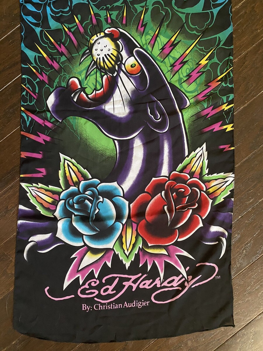 Ed Hardy Christian Audigier Black Panther Scarf Oblong Wrap 17in W