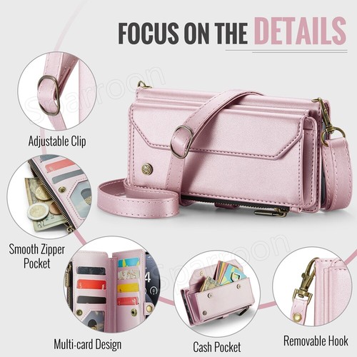 Wallet Case For iPhone 16 15 14 13 12 Pro Max Plus Leather ZIP Bag Strap Cover - Picture 65 of 70
