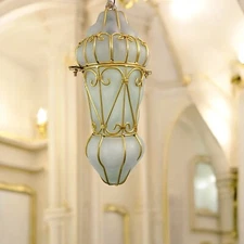 B80G White Frosted Glass Wrought Iron Hanging Lantern Mouth Blown Vintage Design