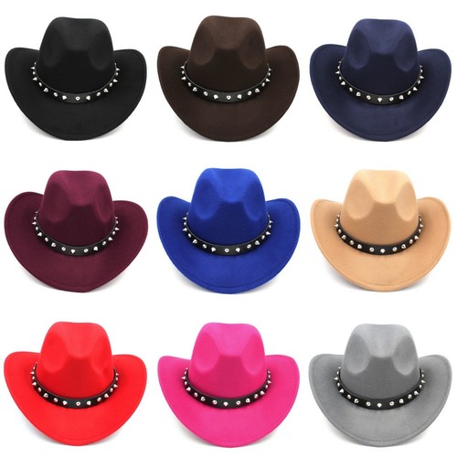 Men Women Wool Wide Brim Western Cowboy Hat Rivet Leather Belt Cowgirl Jazz Cap - Picture 3 of 29