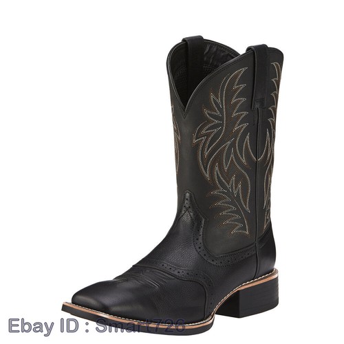 Mens Knight Embroidered Pull On Western Mid Calf Square Toe Cowboy Leather Boots - Picture 15 of 26