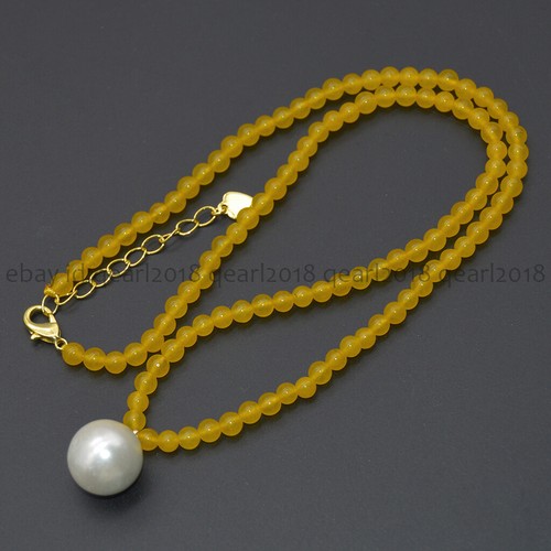 4mm Natural Assorted Gemstone 14mm Round White Shell Pearl Pendant Necklace 18'' - Picture 92 of 198