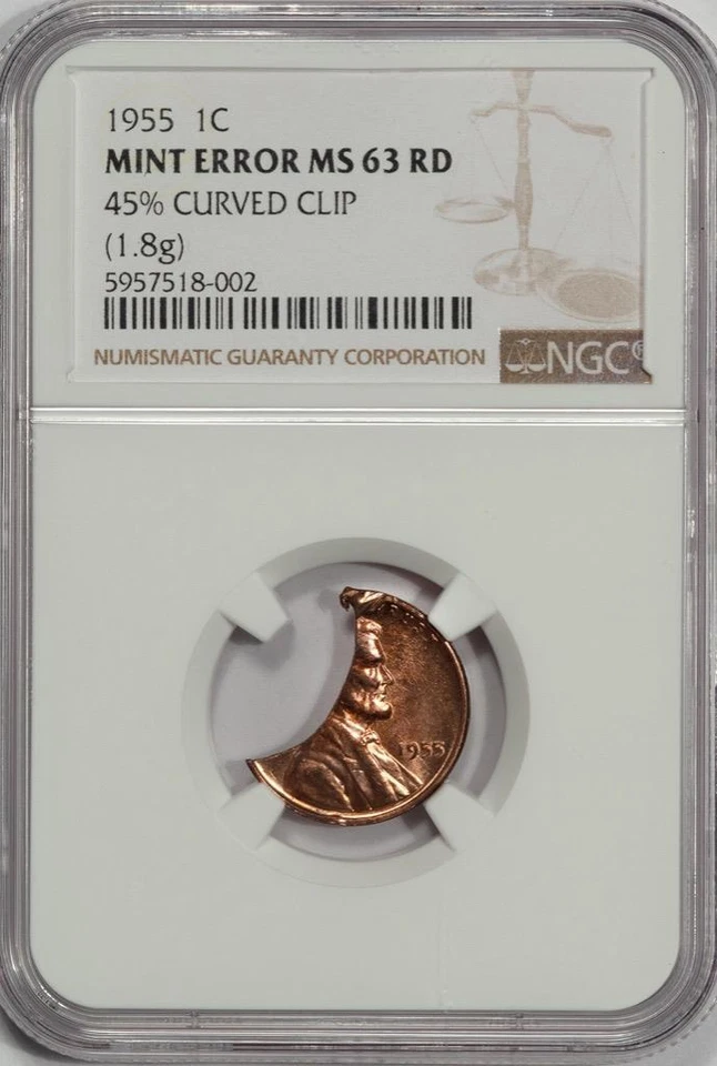 1955 NGC MS63RD Huge 45% Curved Clip 1.8 Gram Wheat Cent Mint Error Super Rare - Image 3 of 4