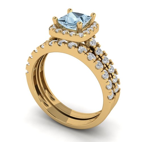1.56 tcw Princess Cut Engagement Ring 14K Yellow Gold Blue Promise Ring - Picture 2 of 5