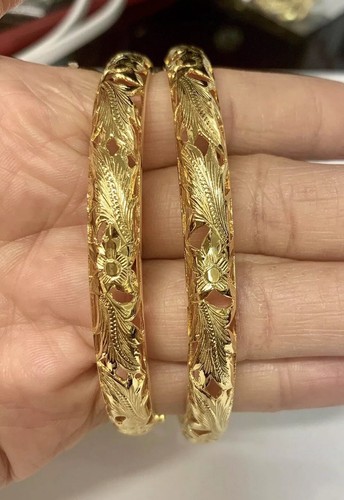 Sterling Silver Gold Plated Plumeria Maile Flower Scroll Hawaii Bangle Bracelet - Picture 2 of 4